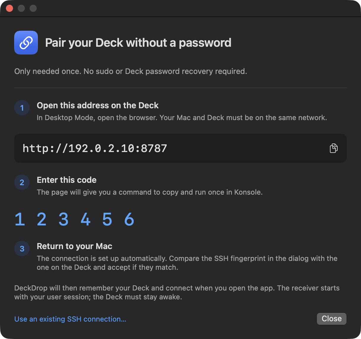DeckMove setup assistant showing how to open the local page on Steam Deck, enter a code and compare the SSH fingerprint.