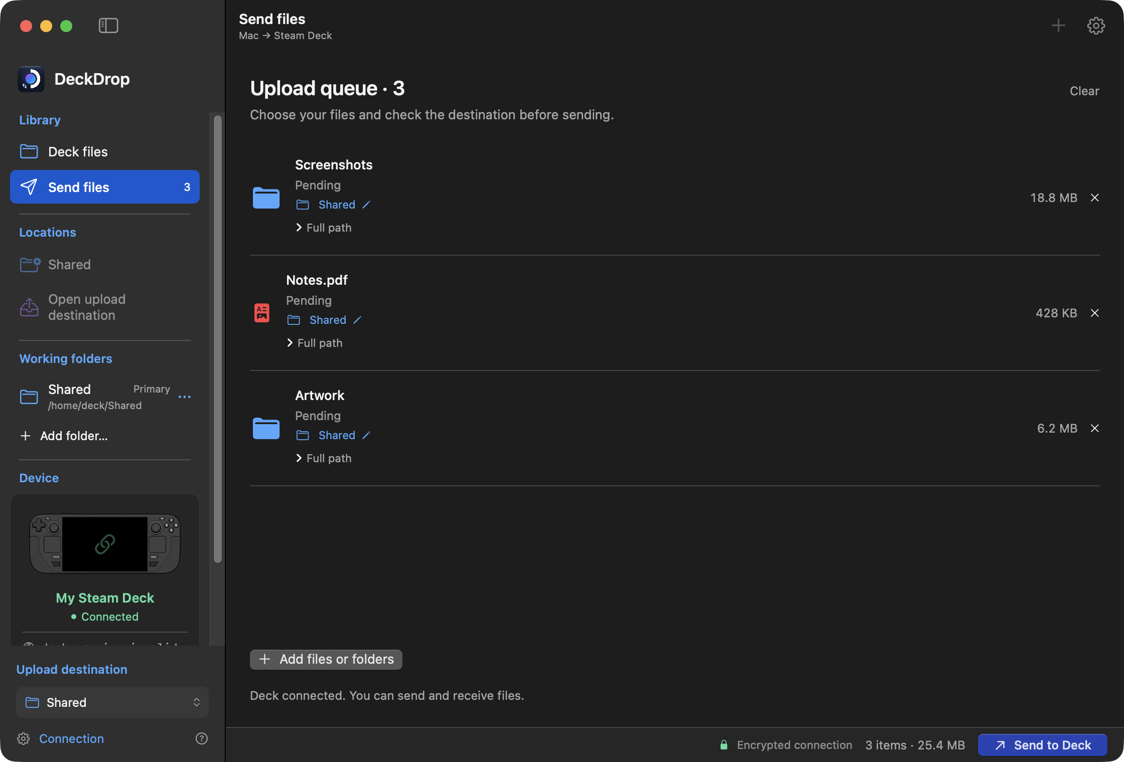 Development interface in English with a synthetic file transfer queue