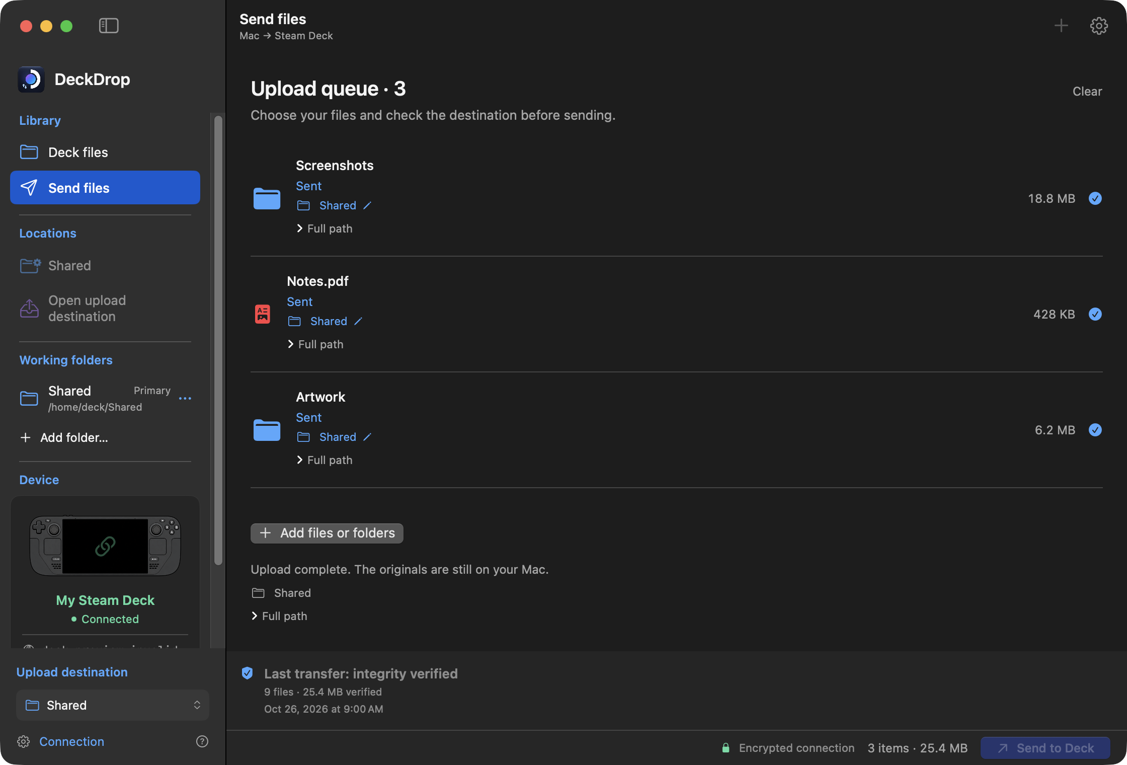 Development interface in English showing a sample completed transfer summary